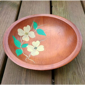 Vintage Munising Wooden Bowl Footed Hand Painted Floral Yellow Flowers